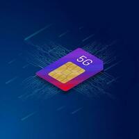 Realistic 5G Sim Card on Blue Circuit Background for Mobile Network Internet Service Concept. vector