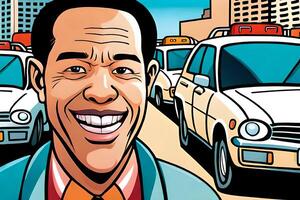 A black businessman transportation is happy with a row of his taxi cars. Comic style photo