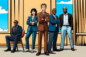 Business people are standing and sitting with their hands on their chest. Comic style photo
