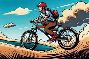 A man is cycling with red helmet on the beach and a view of the beach. Comic Style photo