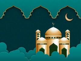 Glossy Golden Mosque With Crescent Moon And Paper Cut Clouds On Teal Background. vector