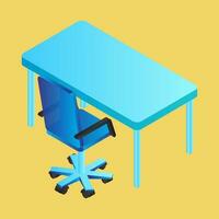 Isometric blue table and office chair on yellow background. vector