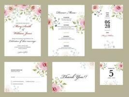 Rose Flower Printed Wedding Invitation Card, Dinner Menu, Save The date, Kindly Reply or RSVP, Table No and Thank You. vector