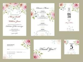 Rosa flor impreso Boda invitación tarjeta, cena menú, salvar el fecha, amablemente respuesta o RSVP, mesa No y gracias tú. vector