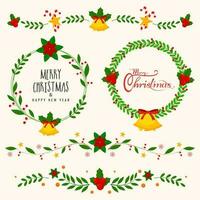 Floral greeting card design with circular frame for Merry Christmas and Happy New Year celebration concept. vector
