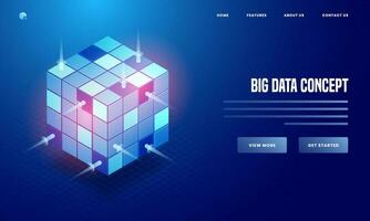 3D illustration of shiny data cube on blue background for Big Data concept based web poster or landing page design. vector