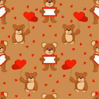 Cartoon Teddy Bear Holding Empty Frame And Heart Balloon Decorated On Brown Background. vector