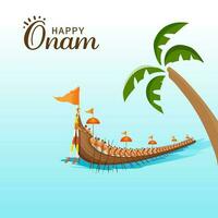 Happy Onam Concept With Vallam Kali And Coconut Tree On Blue And White Background. vector