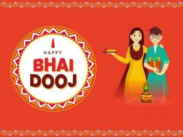 Teenage Boy And Girl Holding Plate Of Sweet Balls With Gift Box For Happy Bhai Dooj Festival. vector