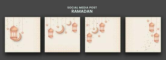 Ramadán social medios de comunicación enviar o saludo tarjetas con linternas, creciente lunas, estrellas colgar y espacio para texto en antecedentes. vector