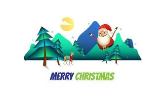 Merry Christmas celebration greeting card design with happy santa claus character and reindeer on paper cut sunny nature landscape view background. vector