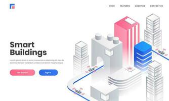 Smart Building concept based landing page design with Isometric illustration of skyscraper buildings on white background. vector