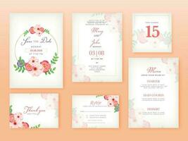 hermosa floral Boda invitación, salvar el fecha, menú detalles, mesa número, gracias usted y rsvp tarjeta. vector