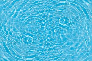 Blue water with ripples on the surface. Defocus blurred transparent blue colored clear calm water surface texture with splashes and bubbles. Water waves with shining pattern texture background. photo