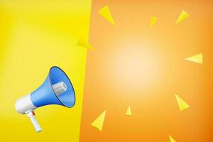 Bullhorn speech bubble promotional yellow label or poster sign or presentation sticker with a blue megaphone and white with a yellow background photo