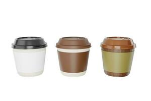 paper coffee cup or 3 plastic glass with a brown blank label with a black lid realistic replica coffee mugs disposable beverage products 3d render illustration - clipping path photo