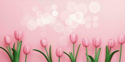 3d Rendering. Design for Mother's Day and Valentine Day illustration. pink tulip flower and bokeh on pink background. With Copy space. photo