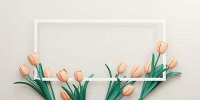 3d Rendering. Design for Mother's Day and Valentine Day illustration. orange tulip flower and rectangle frame on gray background. With Copy space. photo