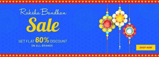 Raksha Bandhan Sale Header Or Banner Design With Discount Offer And Floral Rakhis Hang On Blue Background. vector