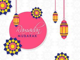 Ramadán Mubarak texto en rosado circular marco con colgando linternas y islámico floral modelo antecedentes. vector