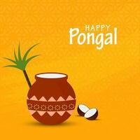 Happy Pongal Celebration Poster Design With Traditional Dish Or Grain Inside Mud Pot, Coconut, Sugarcane On Dark Yellow Floral Pattern Background. vector