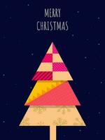 Merry Christmas Template Design With Paper Style Xmas Tree On Blue Snowfall Background. vector