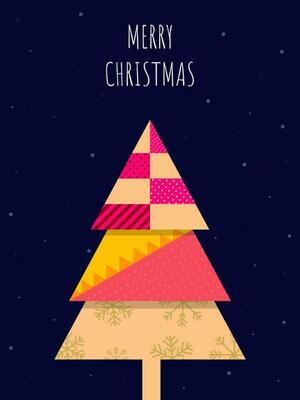 Merry Christmas Template Design With Paper Style Xmas Tree On Blue Snowfall Background.