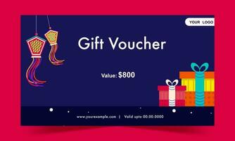 Gift Card Or Voucher Template Layout With Boxes, Lanterns Hang In Blue Color. vector