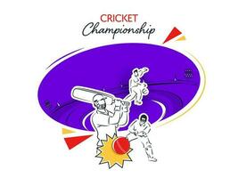 Cricket Championship Concept With Doodle Style Cricketer Players In Different Pose On Purple And White Stadium Background. vector