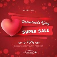 Valentine's Day Super Sale Poster Design With Discount Offer And 3D Heart On Red Bokeh Background. vector