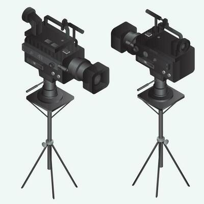 3D video camera on tripod in black color.