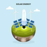 3d representación cfl bulbo con solar paneles y molinos de viento terminado medio globo para tierra renovable energía concepto. vector