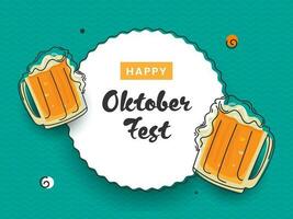 Happy Oktoberfest Font Over Circular Frame With Doodle Style Beer Mugs On Turquoise Wavy Lines Background. vector