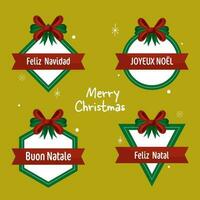 Merry Christmas Font In Different Languages With Geometric Frames And Bow Ribbon On Green Background. vector