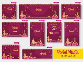 Diwali Social Media Templates Collection With Hindu Lord Ganesha And Goddess Lakshmi Statue On Pink Background. vector