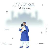 Eid-Al-Adha Mubarak Concept With Muslim Man Holding Sheep On White Blurred Mosque Background. vector