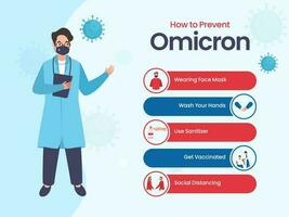 cómo a evitar omicron me gusta como vestir mascarilla, Lavado manos, utilizar desinfectante, obtener vacunado, mantener distancia con médico personaje en azul antecedentes. vector