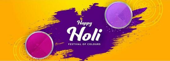 Happy Holi Celebration Concept With Top View Bowls Full Of Colors And Purple Brush Effect On Yellow Background. vector