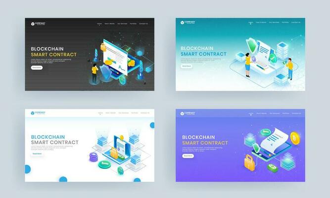 Set of landing page design with online contracts from smartphone and laptop with money investment for Block Chain Smart Contract concept.