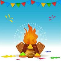 Illustration Of Bonfire With Bowls, Mud Pot Full Of Dry Color And Dhol Instruments On Blue And White Background. vector