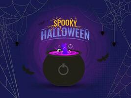 Spooky Halloween Background With Spider Web, Bats Flying And Magic Cauldron Pot Illustration. vector