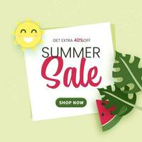 Summer Sale Poster Or Template Design With Discount Offer, Cartoon Sun On Yellow And White Background. vector