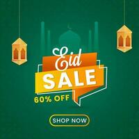 Eid Sale Poster Design With Discount Offer And Hanging Lanterns And Green Silhouette Mosque Background. vector