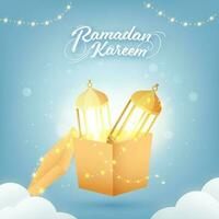 Ramadan Kareem Font With Golden Lit Lanterns In Open Magic Box On Blue Bokeh Background. vector