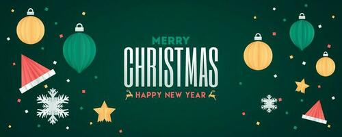 Merry Christmas and Happy New Year text with origami paper baubles, hats and snowflakes decorated on green background. Header or banner design. vector