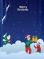 alegre Navidad modelo diseño con alegre niños y linda Papa Noel claus participación Navidad árbol en azul nevada antecedentes. vector