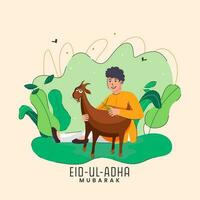 Eid-Ul-Adha Mubarak Concept With Islamic Young Boy Feeding Grass To Goat And Nature View On Cosmic Latte Background. vector