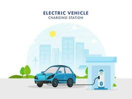 3D Illustration Of Electric Vehicle Charging Station With A Car On City View Background. vector