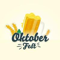 Oktoberfest fuente con cerveza taza, trigo orejas y lúpulo hoja en pastel amarillo antecedentes. vector