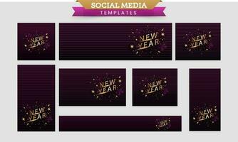 Social Media Template And Banner Set With Golden New Year Font On Brown Background. vector